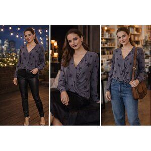 Rails Women’s Gray Star Print Blouse L Draped V-Neck Long Sleeve Celestial Chic